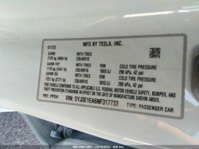 5YJ3E1EA6NF317733 Tesla MODEL 3