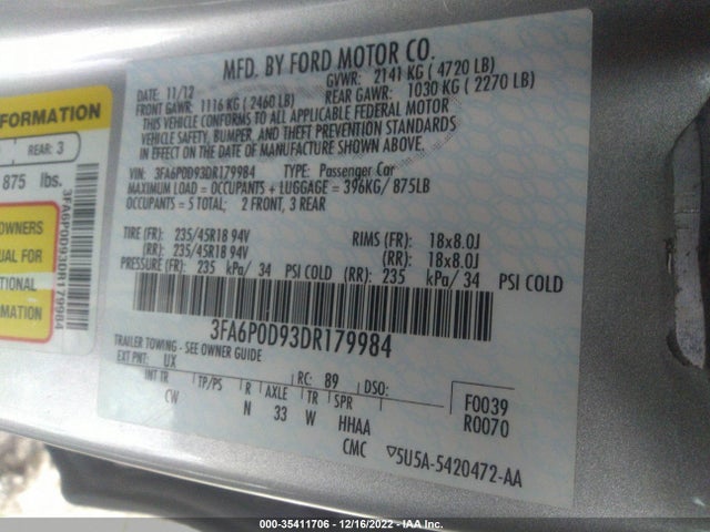 2013 FORD FUSION TITANIUM VIN: 3FA6P0D93DR179984