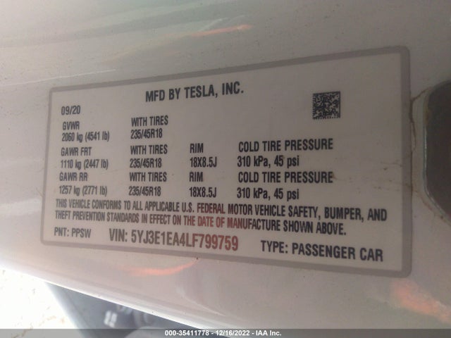 Tesla Model 3 Standard Range 2020 5YJ3E1EA4LF799759 Image 10