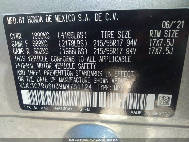 2021 HONDA HR-V LX VIN: 3CZRU6H39MM751124