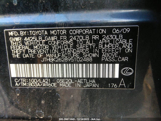 JTHBK262895102488 Lexus IS 250