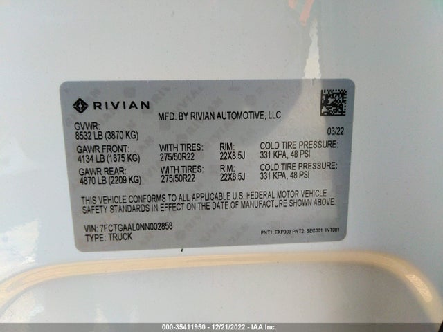2022 Rivian R1T, VIN: 7FCTGAAL0NN002858