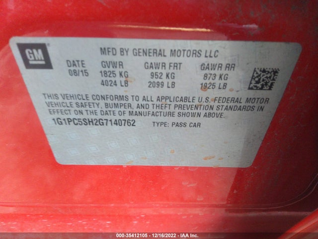 2016 Chevrolet Cruze, VIN: 1G1PC5SH2G7140762