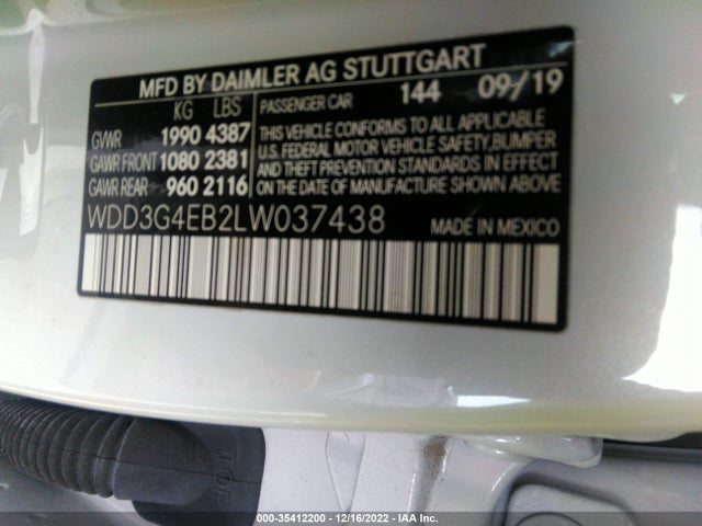 2020 Mercedes-Benz A-Class, VIN: WDD3G4EB2LW037438