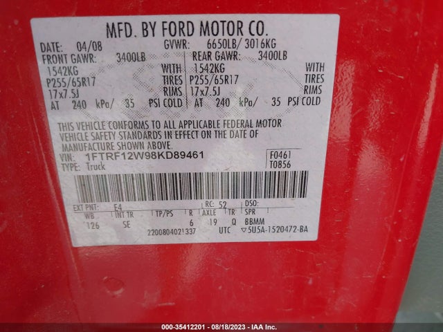 2008 FORD F-150 XL/STX/XLT/FX2 VIN: 1FTRF12W98KD89461