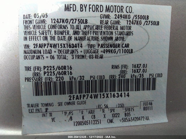 2005 FORD CROWN VICTORIA LX VIN: 2FAFP74W15X163414