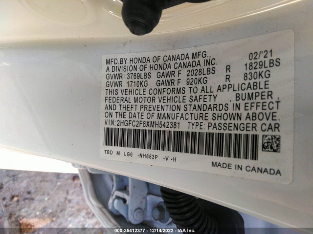 2021 Honda Civic, VIN: 2HGFC2F8XMH542381