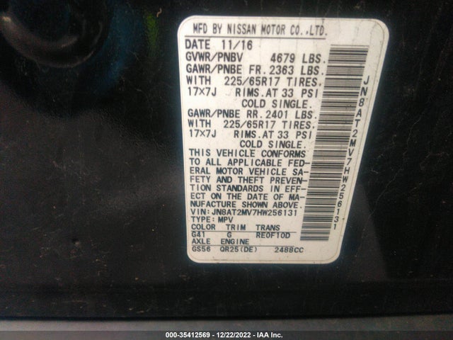 2017 NISSAN ROGUE SV VIN: JN8AT2MV7HW256131
