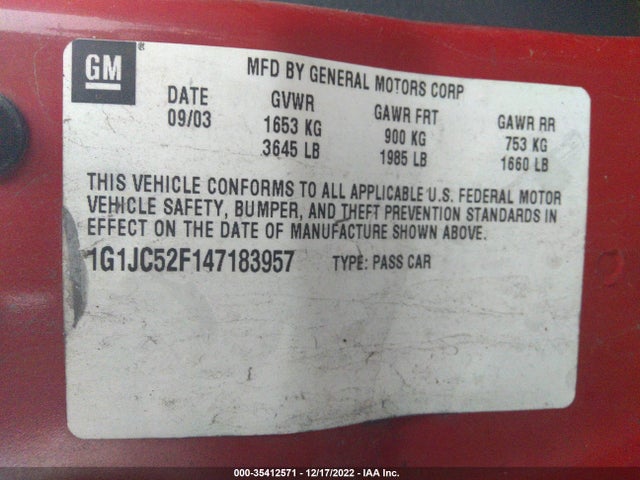 2004 CHEVROLET CAVALIER BASE VIN: 1G1JC52F147183957