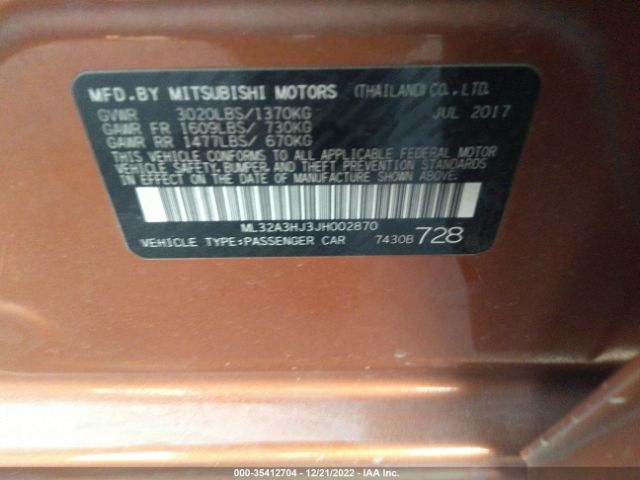 ML32A3HJ3JH002870 Mitsubishi MIRAGE ES