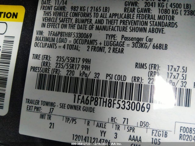 2015 FORD MUSTANG ECOBOOST VIN: 1FA6P8TH8F5330069