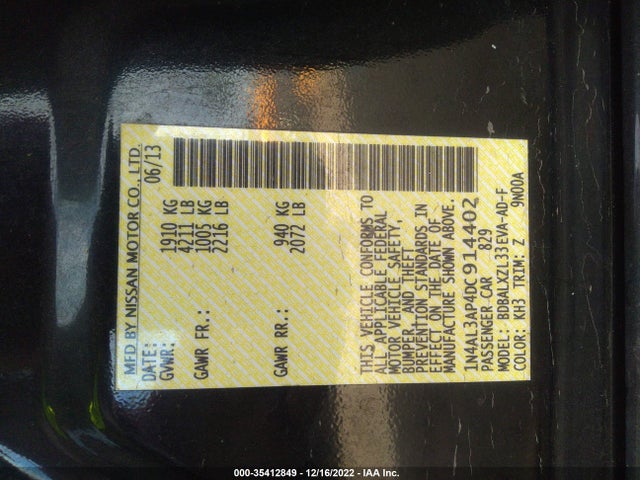2013 NISSAN ALTIMA 2.5 SL VIN: 1N4AL3AP4DC914402