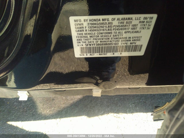 2009 HONDA PILOT EX-L W/RES VIN: 5FNYF38689B005103