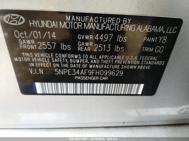 Hyundai Sonata 2.4l Limited 2015 5NPE34AF9FH099629 Image 9