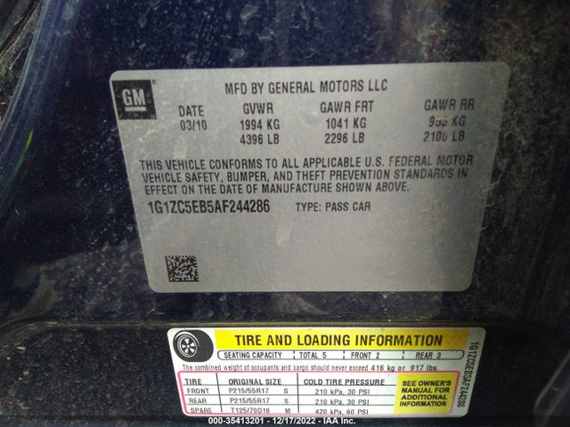 2010 CHEVROLET MALIBU LT W/1LT VIN: 1G1ZC5EB5AF244286