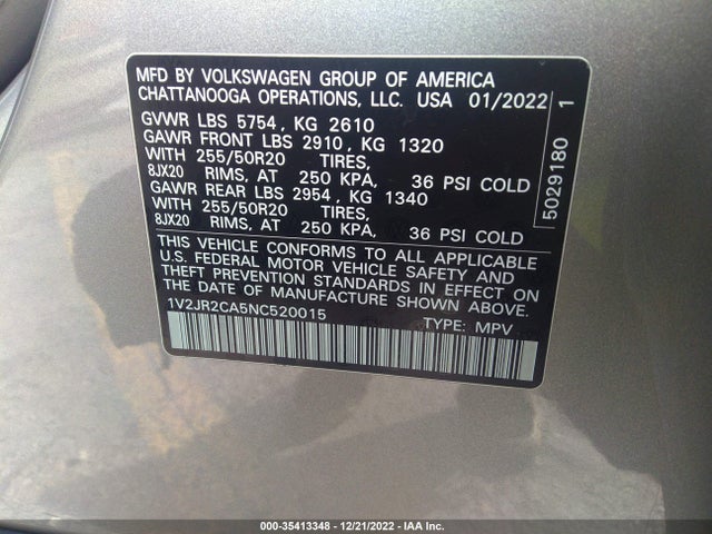 2022 Volkswagen Atlas, VIN: 1V2JR2CA5NC520015