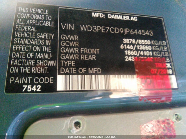 2018 Mercedes-Benz Sprinter, VIN: WD3PE7CD9JP644543