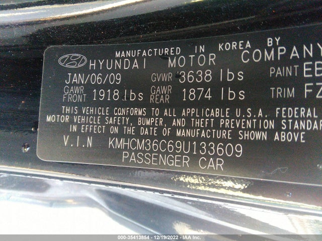 2009 HYUNDAI ACCENT AUTO GS VIN: KMHCM36C69U133609