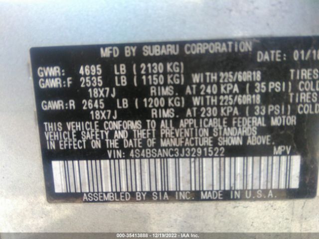 4S4BSANC3J3291522 Subaru Outback Limited