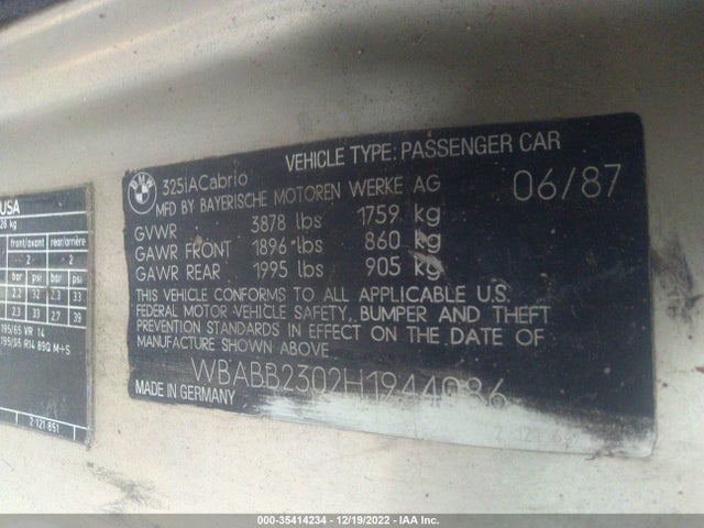 1987 BMW 325 I AUTOMATIC VIN: WBABB2302H1944086