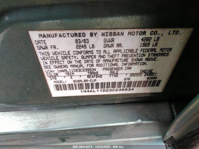 2003 NISSAN ALTIMA S VIN: 1N4AL11D23C239934