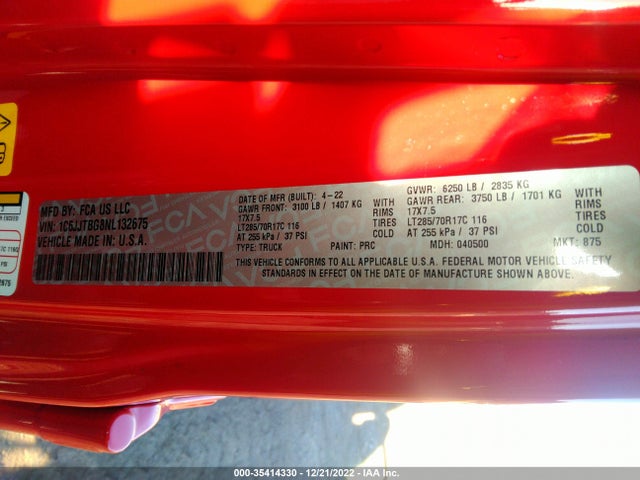 2022 Jeep Gladiator, VIN: 1C6JJTBG8NL132675