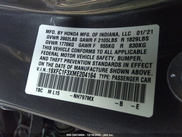 Honda Civic 2021 19XFC1F3XME204164 Image 21