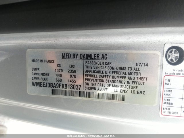 2015 SMART FORTWO PASSION/PURE VIN: WMEEJ3BA9FK813037