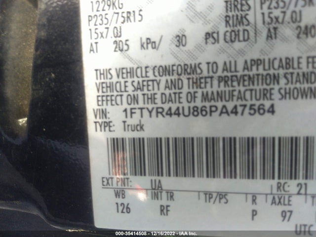 2006 FORD RANGER STX/XLT/SPORT VIN: 1FTYR44U86PA47564