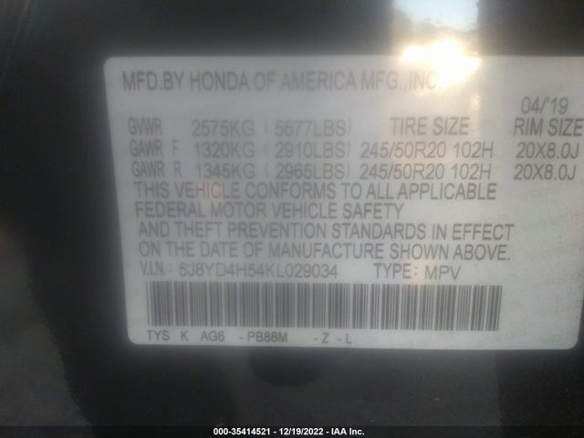 2019 Acura MDX, VIN: 5J8YD4H54KL029034
