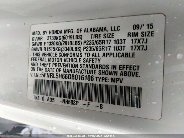Honda Odyssey Ex-l 2016 5FNRL5H66GB016106 Image 9