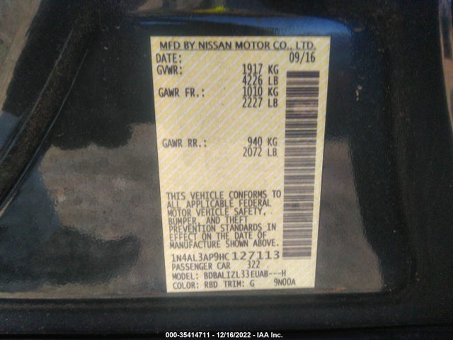 2017 NISSAN ALTIMA 2.5 SV VIN: 1N4AL3AP9HC127113