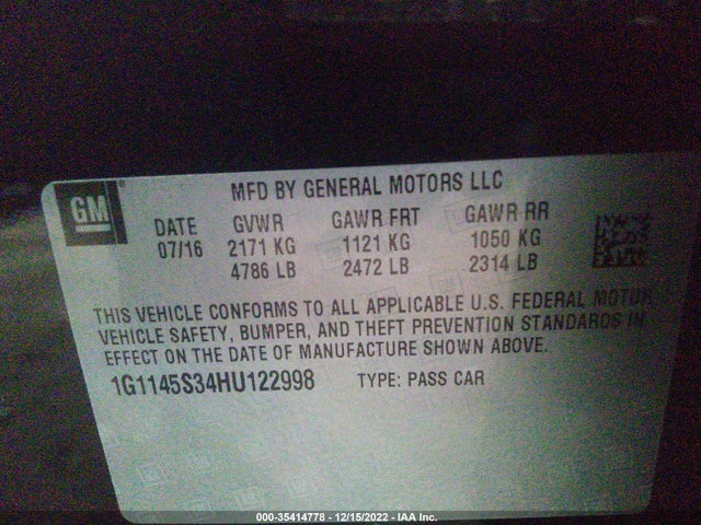 2017 Chevrolet Impala, VIN: 1G1145S34HU122998