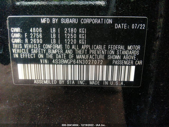Subaru Legacy Touring Xt 2022 4S3BWGP64N3027072 Image 9