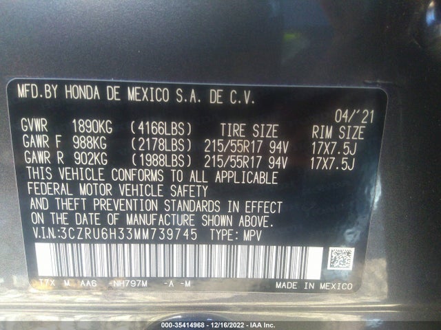 2021 HONDA HR-V LX VIN: 3CZRU6H33MM739745