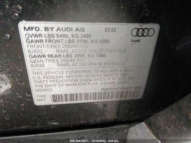 WA1EAAFY1N2071980 Audi Q5 S Line Premium Plus