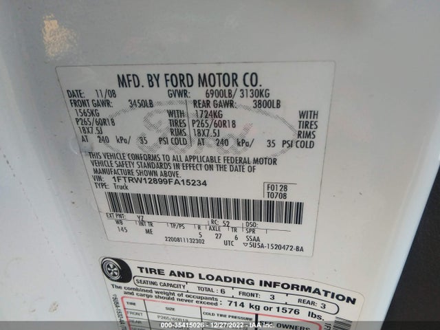 2009 FORD F-150 XL/XLT VIN: 1FTRW12899FA15234