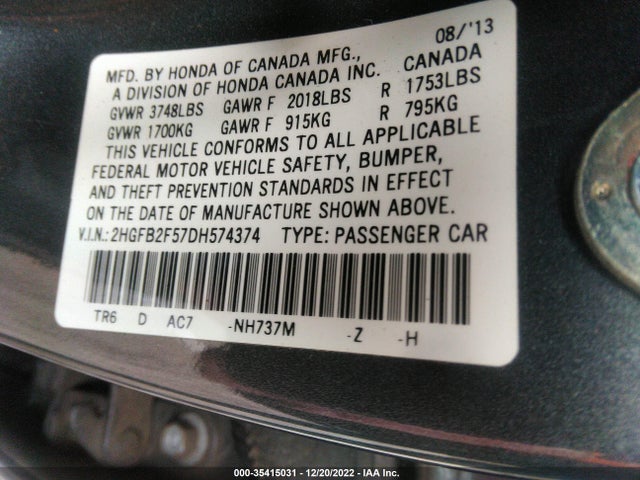 2013 HONDA CIVIC SDN LX VIN: 2HGFB2F57DH574374