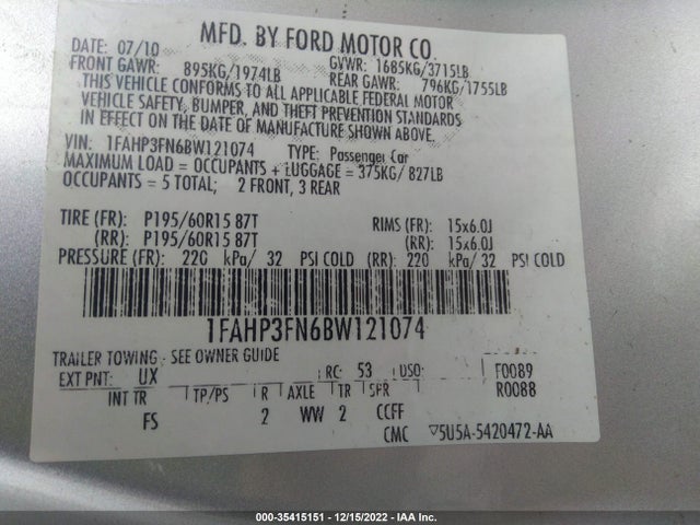 2011 FORD FOCUS SE VIN: 1FAHP3FN6BW121074