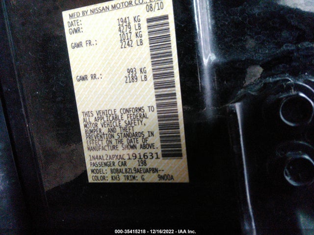 2010 NISSAN ALTIMA 2.5 SL VIN: 1N4AL2APXAC191631