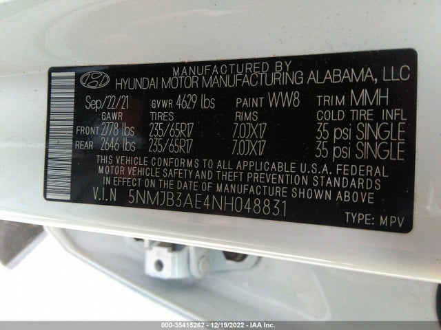 2022 HYUNDAI TUCSON SEL VIN: 5NMJB3AE4NH048831