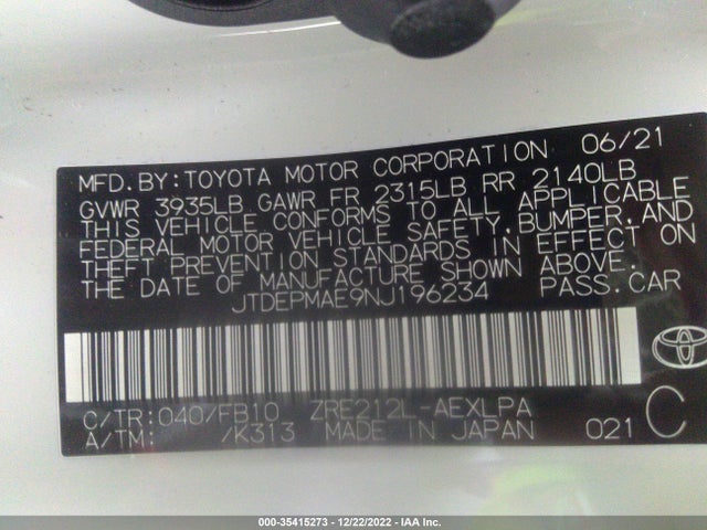 2022 TOYOTA COROLLA LE VIN: JTDEPMAE9NJ196234