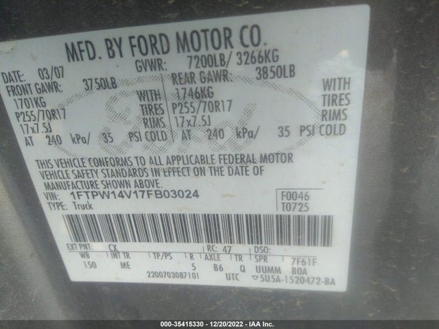 2007 FORD F-150 XLT/FX4/LARIAT/KING RANCH VIN: 1FTPW14V17FB03024