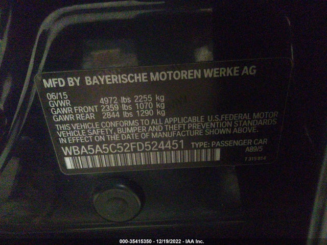 2015 BMW 5 Series, VIN: WBA5A5C52FD524451