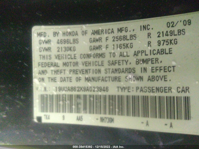 2009 ACURA TL VIN: 19UUA862X9A023946