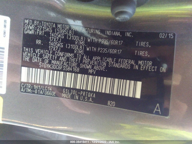 2015 TOYOTA SIENNA XLE VIN: 5TDYK3DC6FS584168