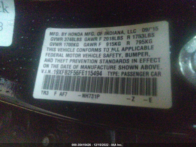 2015 HONDA CIVIC SEDAN LX VIN: 19XFB2F56FE115494