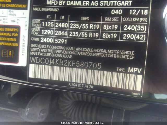 2019 Mercedes-Benz GLC-Class, VIN: WDC0J4KB2KF580705