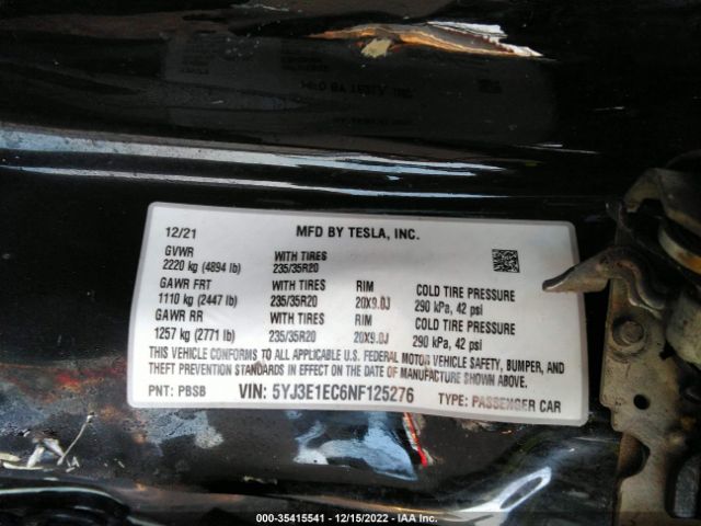 5YJ3E1EC6NF125276 Tesla Model 3 Performance Dual Motor All-wheel Drive