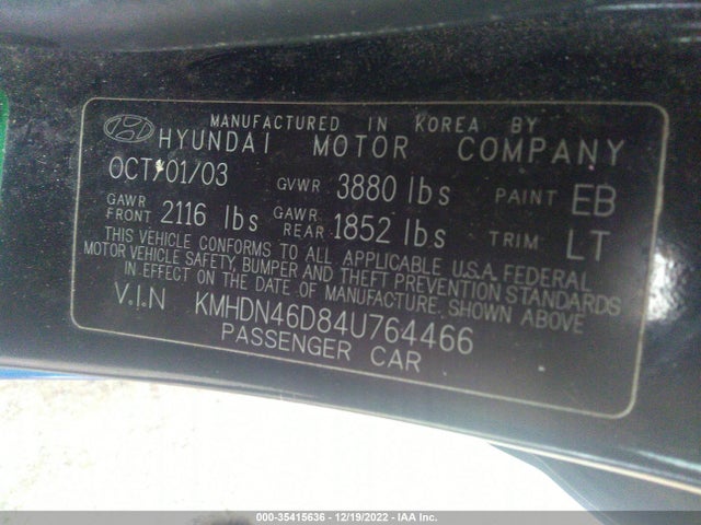 2004 HYUNDAI ELANTRA GLS/GT VIN: KMHDN46D84U764466